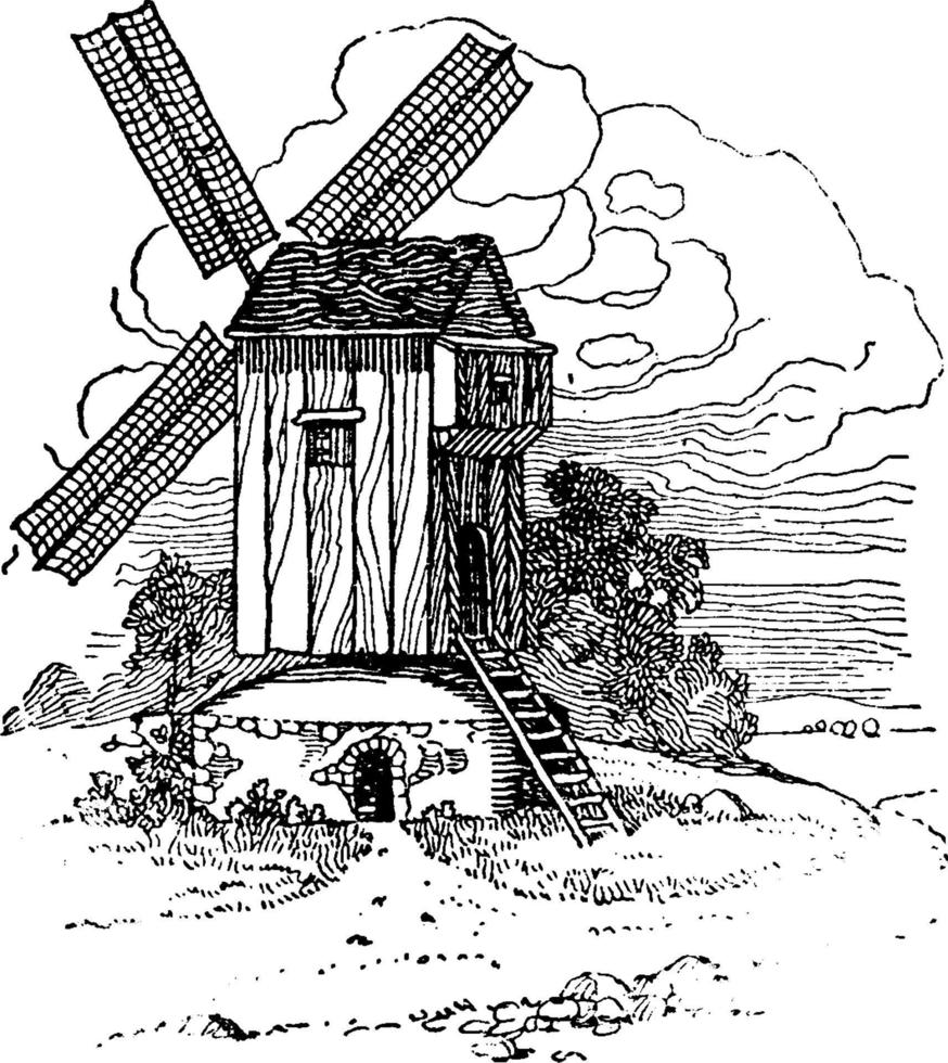 moinho de vento medieval, ilustração vintage. 13609289 Vetor no